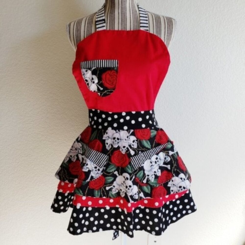 Pinup Handcrafted Apron Skulls Polka Dot Roses Print Tiered Ruffled Pockets